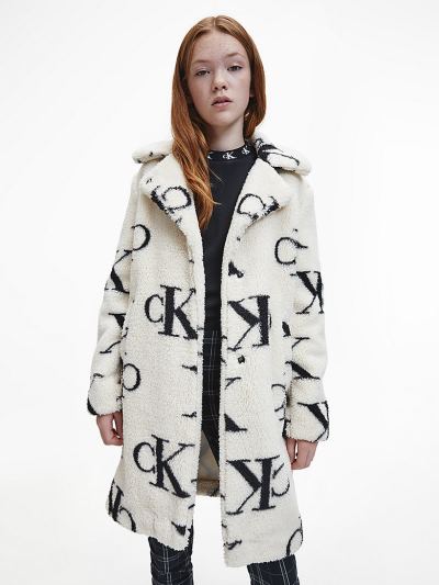 Calvin Klein Ruhák HU591542 | Calvin Klein All-Over Logo Teddy Lány Kabát Fehér / Szürke / Fekete